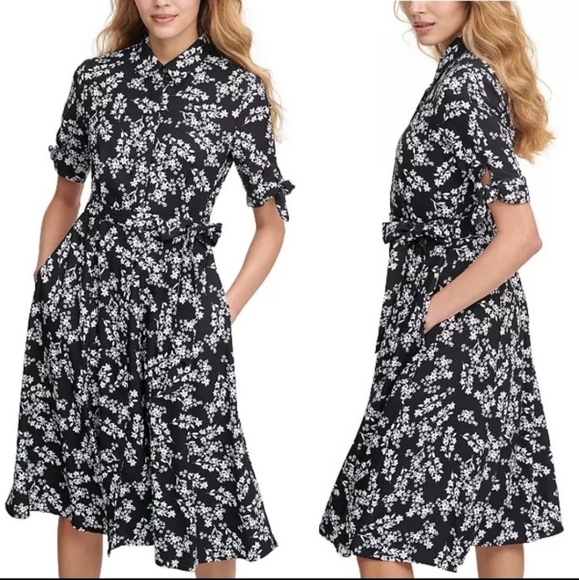 Calvin Klein Dresses Calvin Klein Black And White Floral Midi Shirt